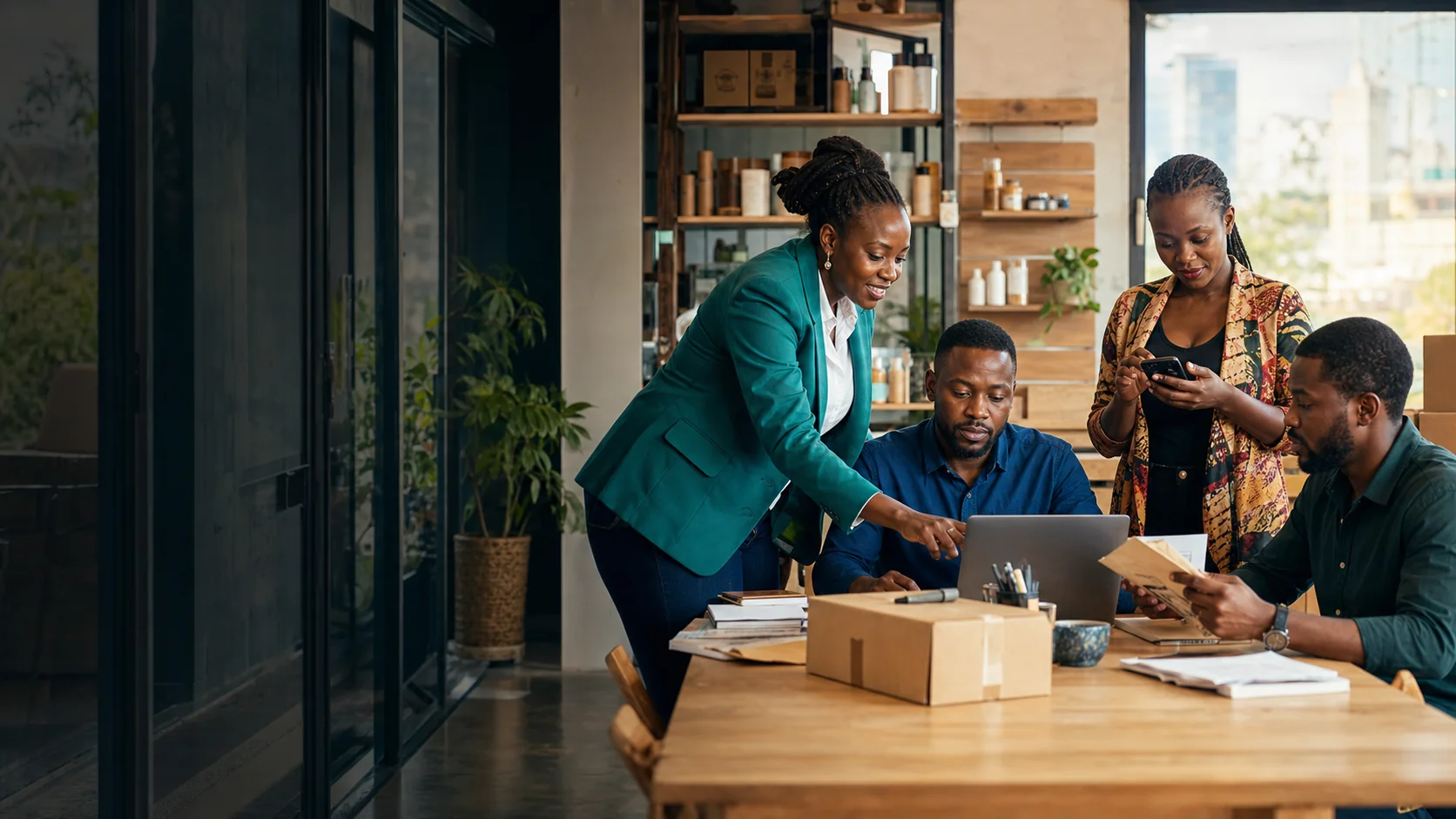 Illustrative scene of a Kenyan business team coordinating orders, payments, stock, and documents in Nairobi